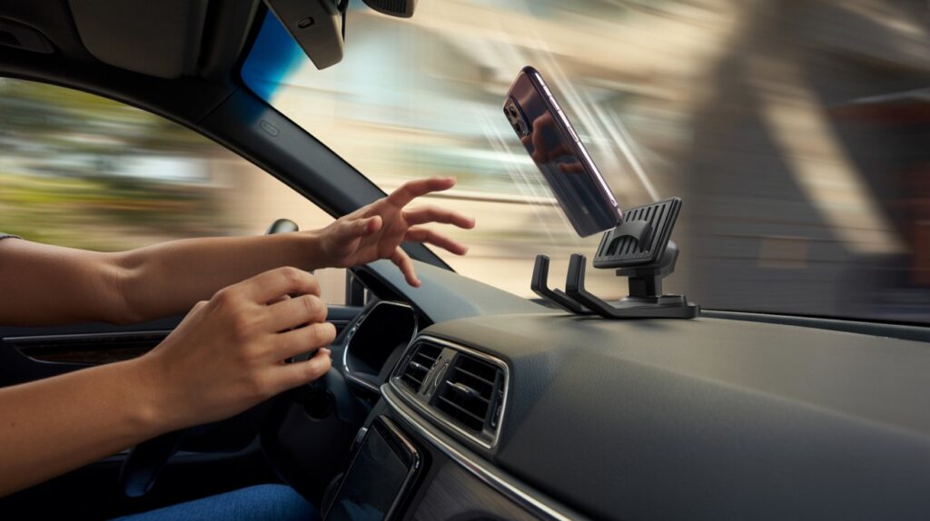 Close-up of a stable phone holder in a car with a GPS map on the phone screen.