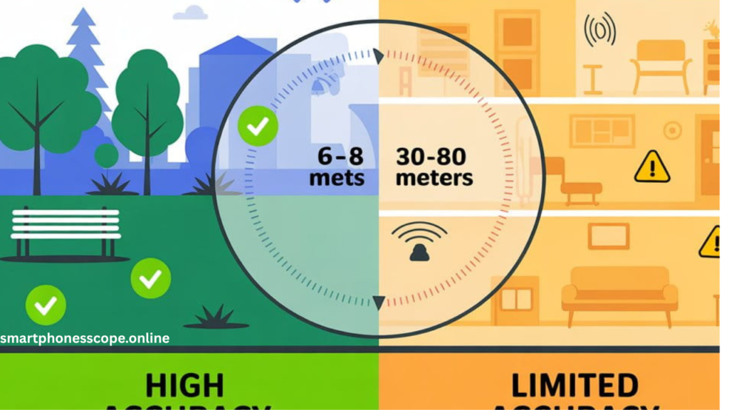 Infographic comparing Xiaomi Kids Watch GPS accuracy outdoor versus indoor environments with data visualization charts"