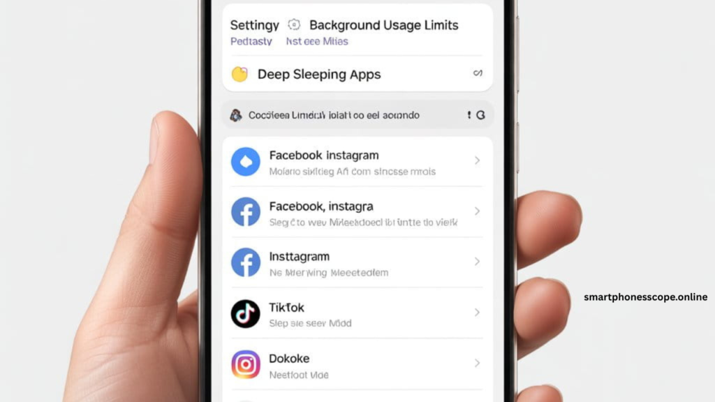 Samsung Galaxy A15 battery settings showing how to put apps in deep sleep mode to reduce background drain
