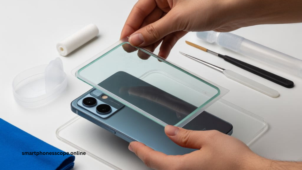 Bubble-free screen protector installation process on Redmi Note 13 Pro with alignment tools and proper technique"
