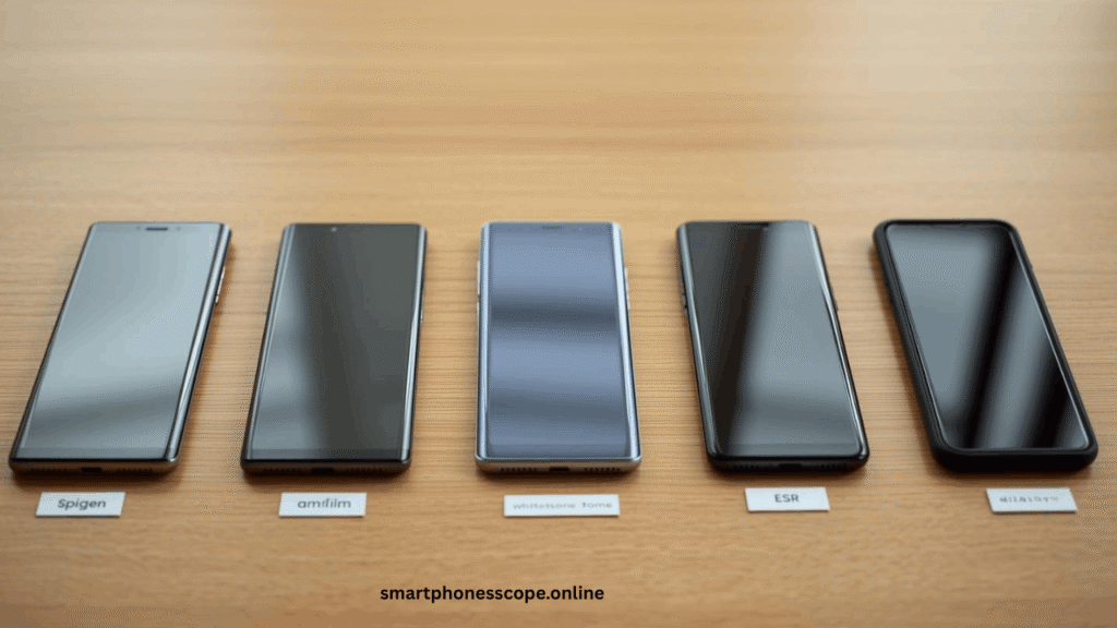 screen protectors tested and compared - Spigen, amFilm, Whitestone, ESR, and ZAGG displayed side by side