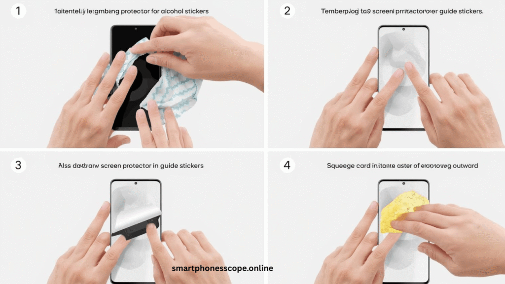 step-by-step installation guide showing cleaning, alignment, application and bubble removal