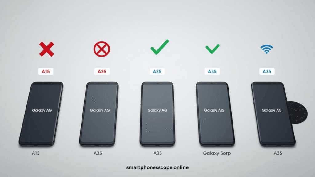 Galaxy A15 wireless charging compatibility - comparison of A15 4G, 5G, A25, A35, and A55 models with charging specs