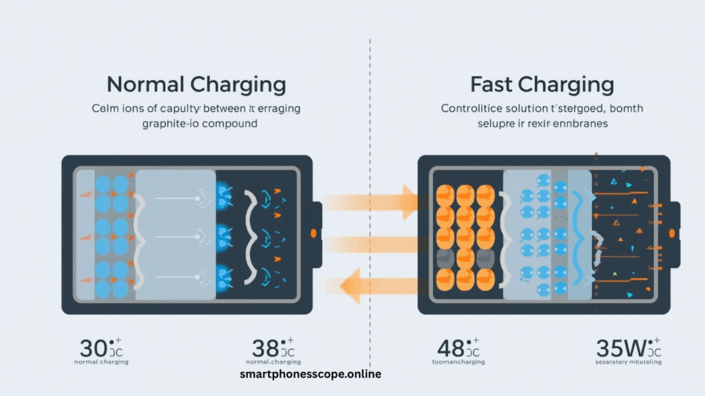 Scientific diagram comparing lithium-ion battery internal processes during normal 10W charging versus fast 65W charging, showing ion movement and heat generation differences