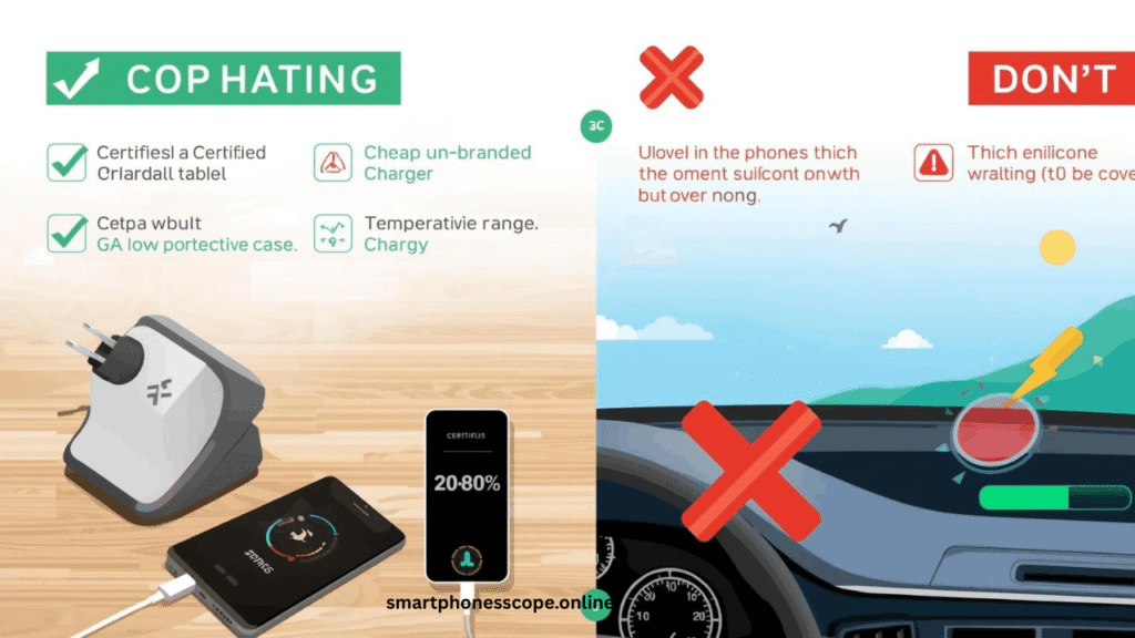 Visual guide showing correct fast charging practices with green checkmarks (certified charger, cool environment, 20-80% charging) versus incorrect practices with red X marks (cheap chargers, gaming while charging, extreme temperatures)