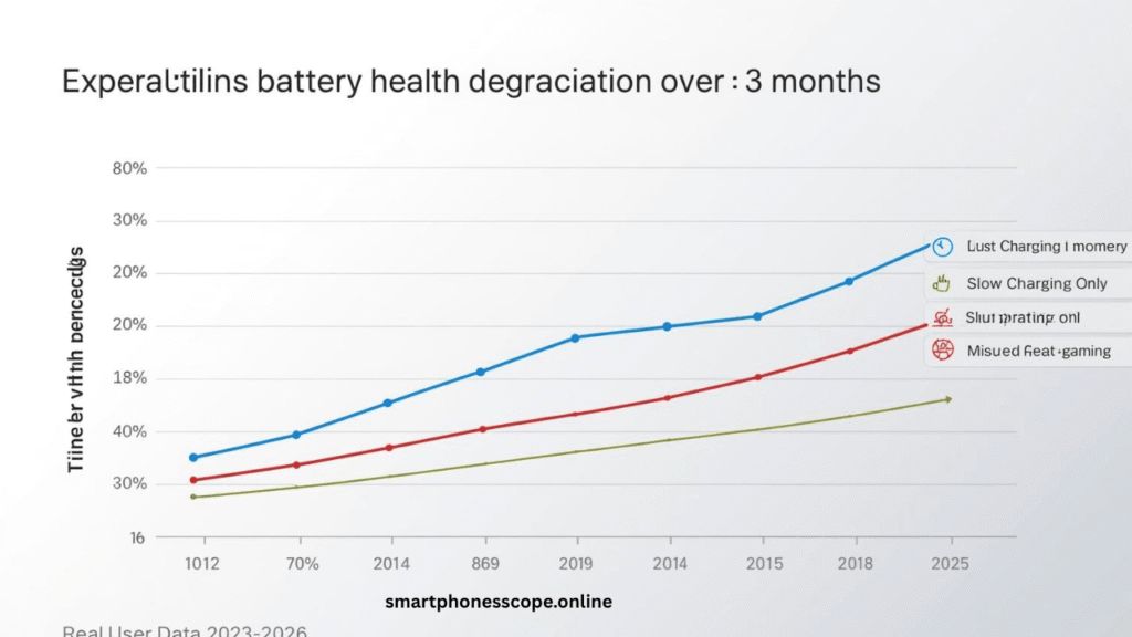 Graph comparing battery health degradation over 36 months between fast charging with best practices (88% health), slow charging only (91% health), and misused fast charging (76% health), based on real user data
