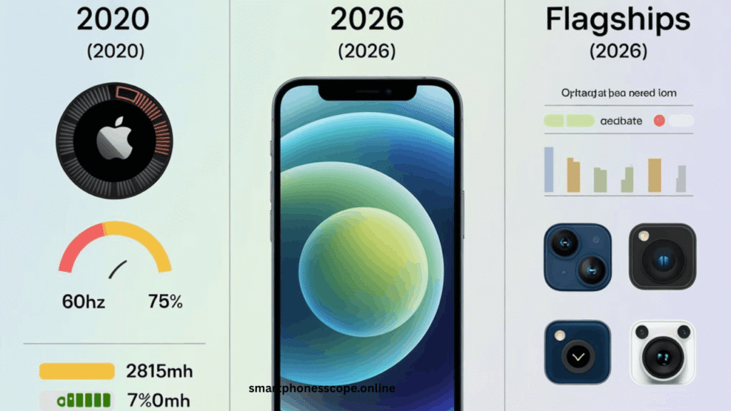 Detailed specification comparison infographic showing iPhone 12 hardware against 2026 flagship standards, including A14 chip performance, 60Hz display limitation, battery capacity, camera specs, and iOS software support timeline
