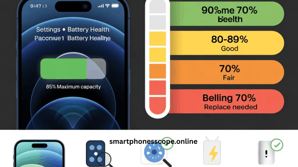Used iPhone 12 buying guide showing battery health percentage zones with color-coded ratings from excellent to replace-needed, plus essential pre-purchase inspection checklist including Face ID, screen, ports, and activation lock verification