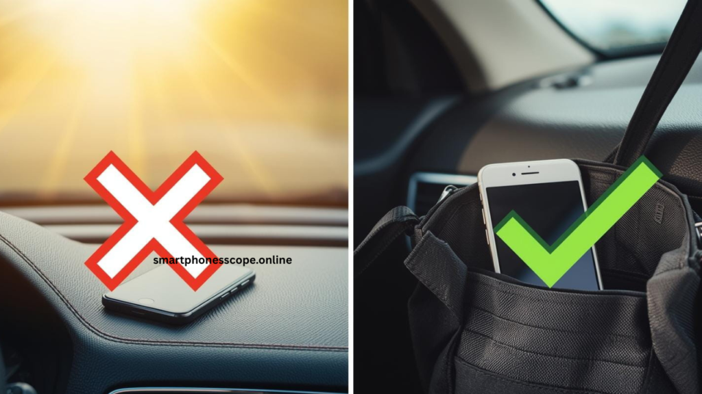 Correct and incorrect ways to store phone in summer heat - avoid direct sunlight
