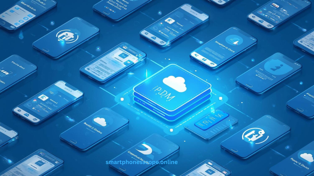 Mobile Device Management dashboard controlling multiple iPhone 16 devices in enterprise network visualization"