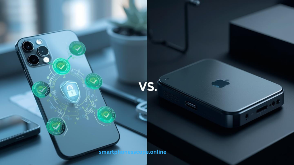 Side-by-side comparison of iPhone 16 and Android enterprise security features for business deployment"