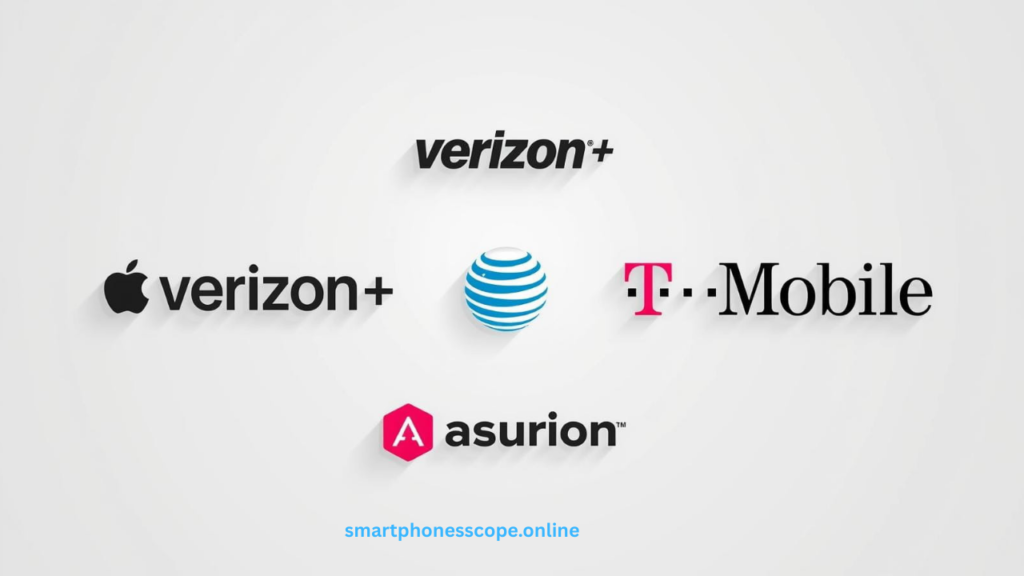 "Top iPhone 16 Pro Max insurance providers - AppleCare+, Verizon, AT&T, T-Mobile, SquareTrade, and Asurion logos"