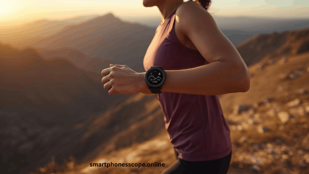 Runner wearing Garmin Fenix 8 Pro smartwatch on mountain trail showing GPS navigation and fitness tracking features for outdoor adventures