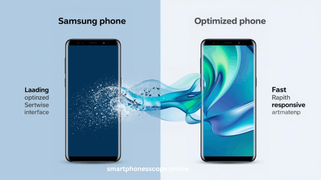 Before and after comparison of Samsung phone speed optimization showing performance improvement