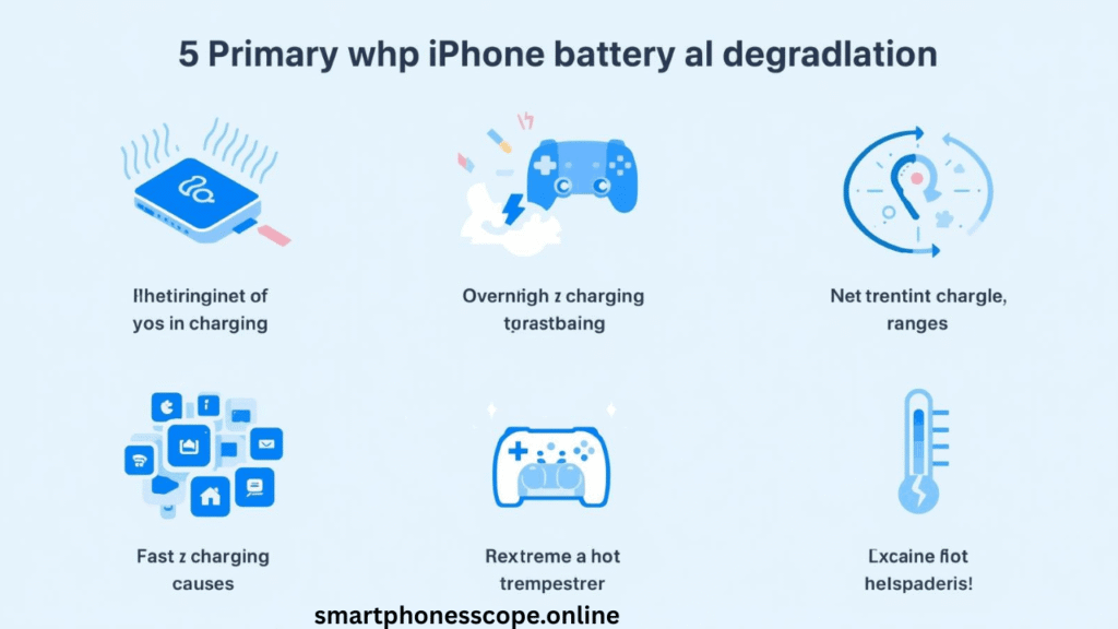Infographic displaying five main reasons for fast iPhone battery health drop including heat, overnight charging, gaming while charging, background apps, and extreme weather