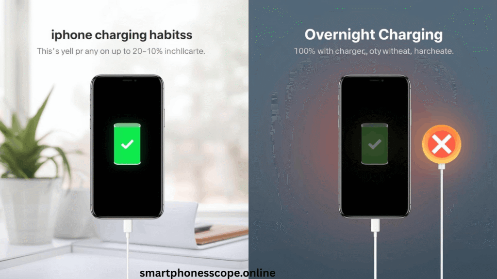 Visual comparison of correct iPhone charging habits with 20-80% range versus incorrect overnight 100% charging showing best practices