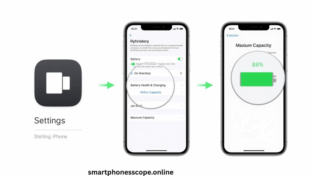 Step-by-step iPhone screenshots showing how to navigate to battery health settings from Settings app to Battery Health screen
