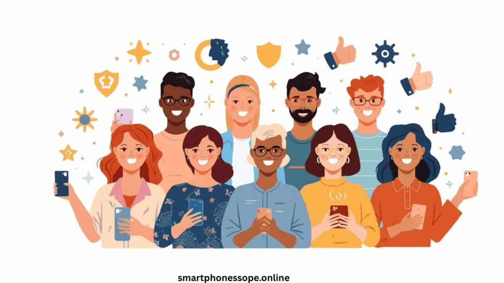 Happy consumers holding trusted smartphone brands representing customer satisfaction and brand trust in 2025 and 2026