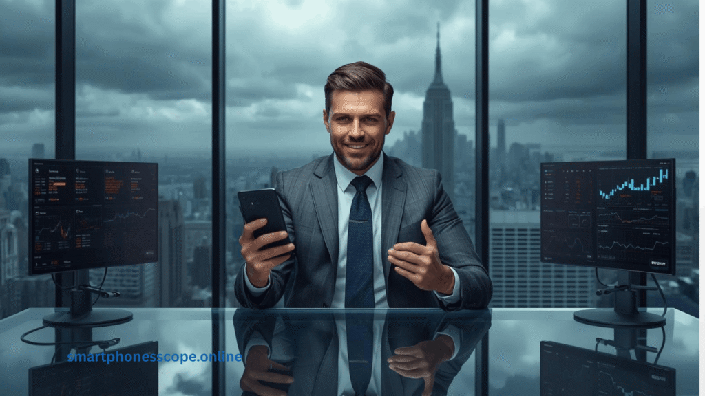 Professional businessman using Samsung Galaxy S25 Ultra with S Pen 
for business productivity in modern office 2026
