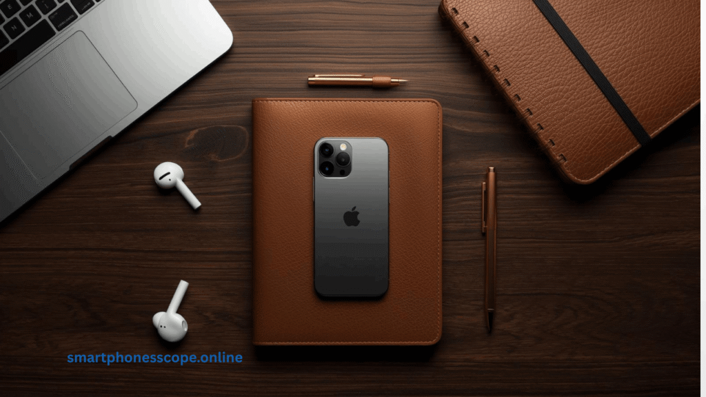 Apple iPhone 17 Pro best overall business phone 2026 placed on 
executive desk with MacBook and leather planner