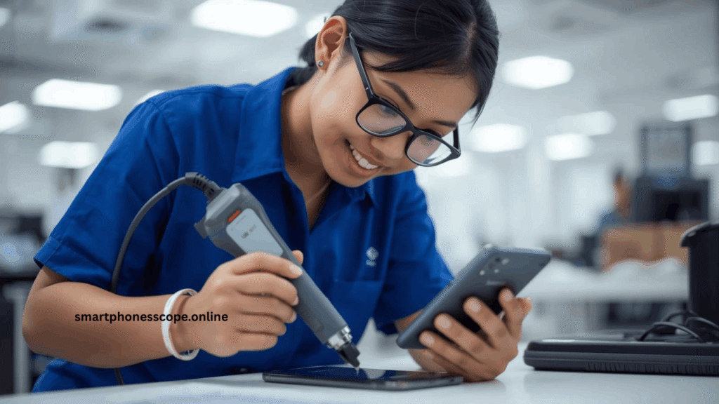 Samsung authorized service center technician repairing phone charging port hardware issue