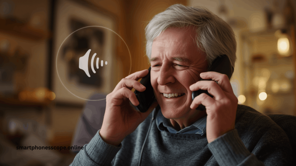 Senior citizen using AI voice assistant on feature phone"